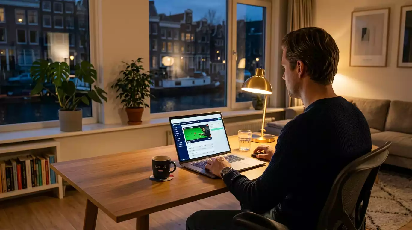 Laptop met een KSA-vergunde bookmaker op het scherm in een Nederlandse huiskamer
