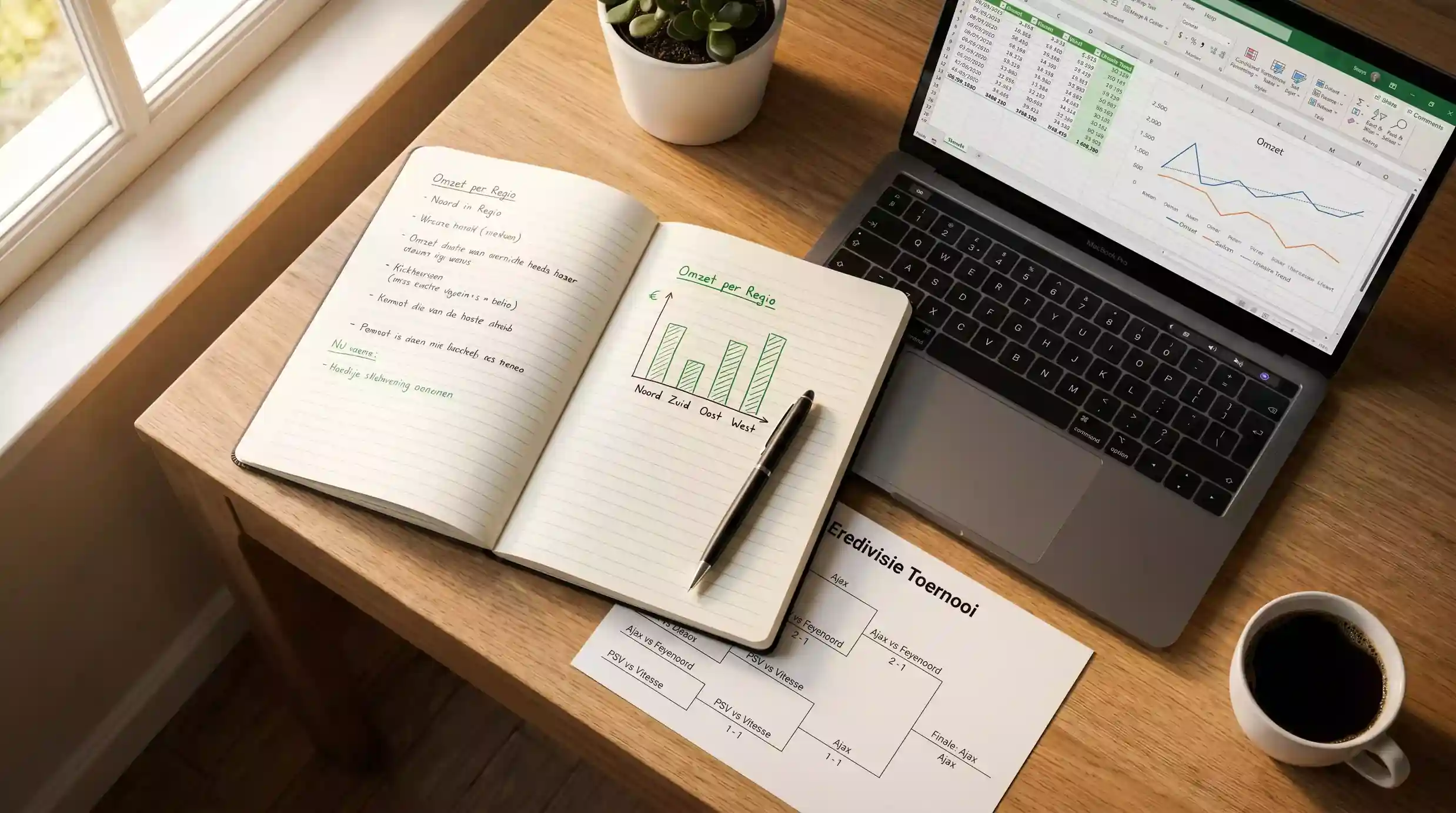 Notitieboek met wedanalyse en een pen naast een laptop met snookerstatistieken